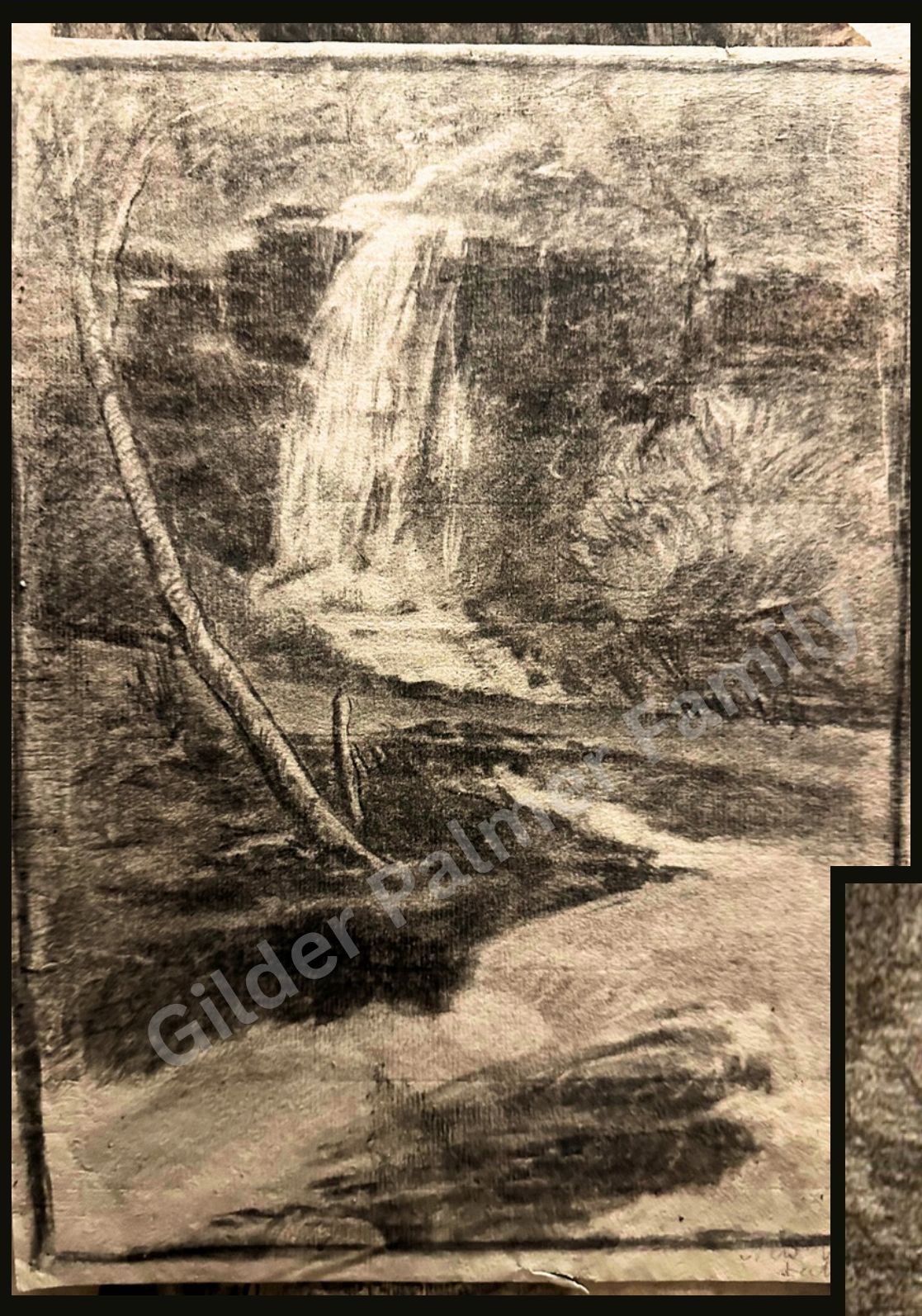 Charcoal Drawing of Waterfall — with John Singer Sargent's Face in the Shrubs