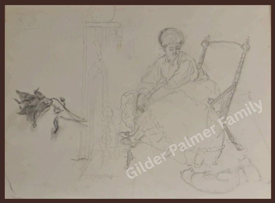 Charcoal Sketch of Aunt Feebie with the Cats