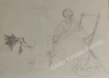 Charcoal sketch of Aunt Feebie With The Cats